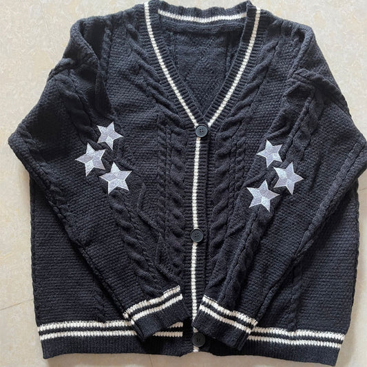 Chic Vintage Star Print Knitted Cardigan V Retro Sweater